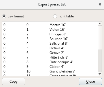 Preset list Preset list